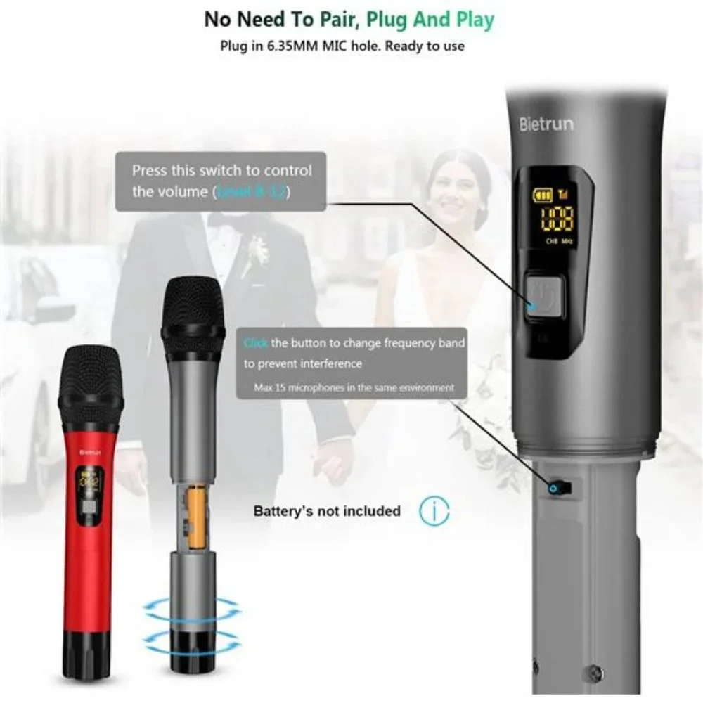 Wireless Microphone, Bietrun UHF Metal Dual Handheld Cordless Dynamic Mic System